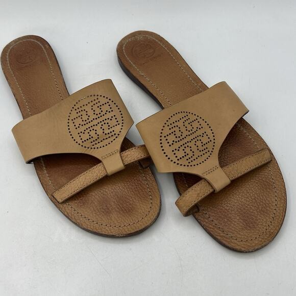 Womens Tory Burch Slip On Slide Sandals Leather Tan Perforated Logo Size 10.5 - Picture 1 of 9